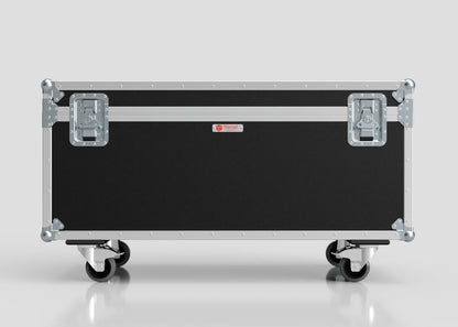 The 8 Way Martin Mac One Case is a large black and silver hard case with metal reinforcements and latches, set on four caster wheels, and measures 1231 x 600 x 674 mm, shown against a plain light background.