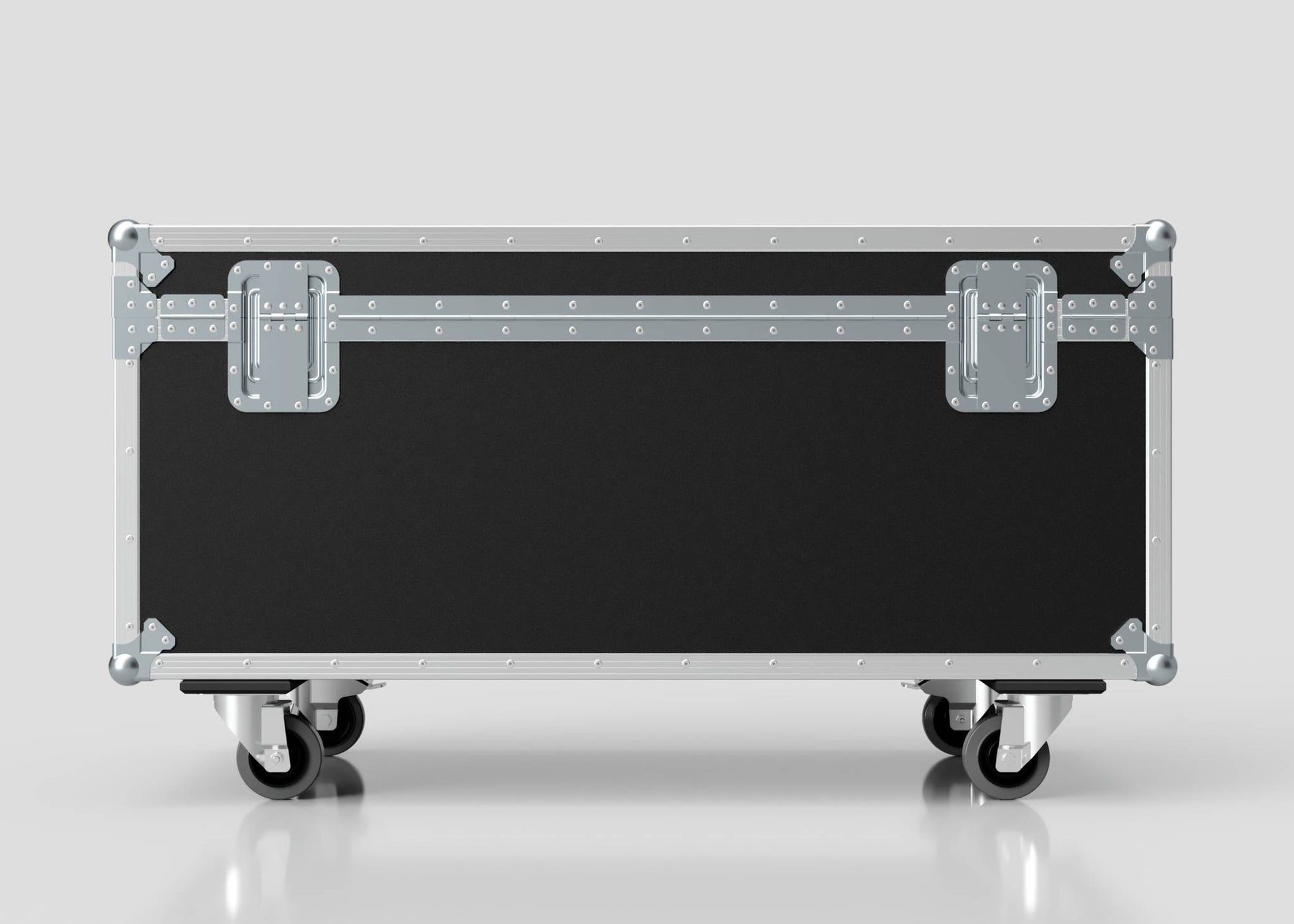 The 8 Way Martin Mac One Case is a large black and silver metal equipment case with wheels, closed and viewed from the front on a smooth reflective surface; its external dimensions are 1231 x 600 x 674 mm.