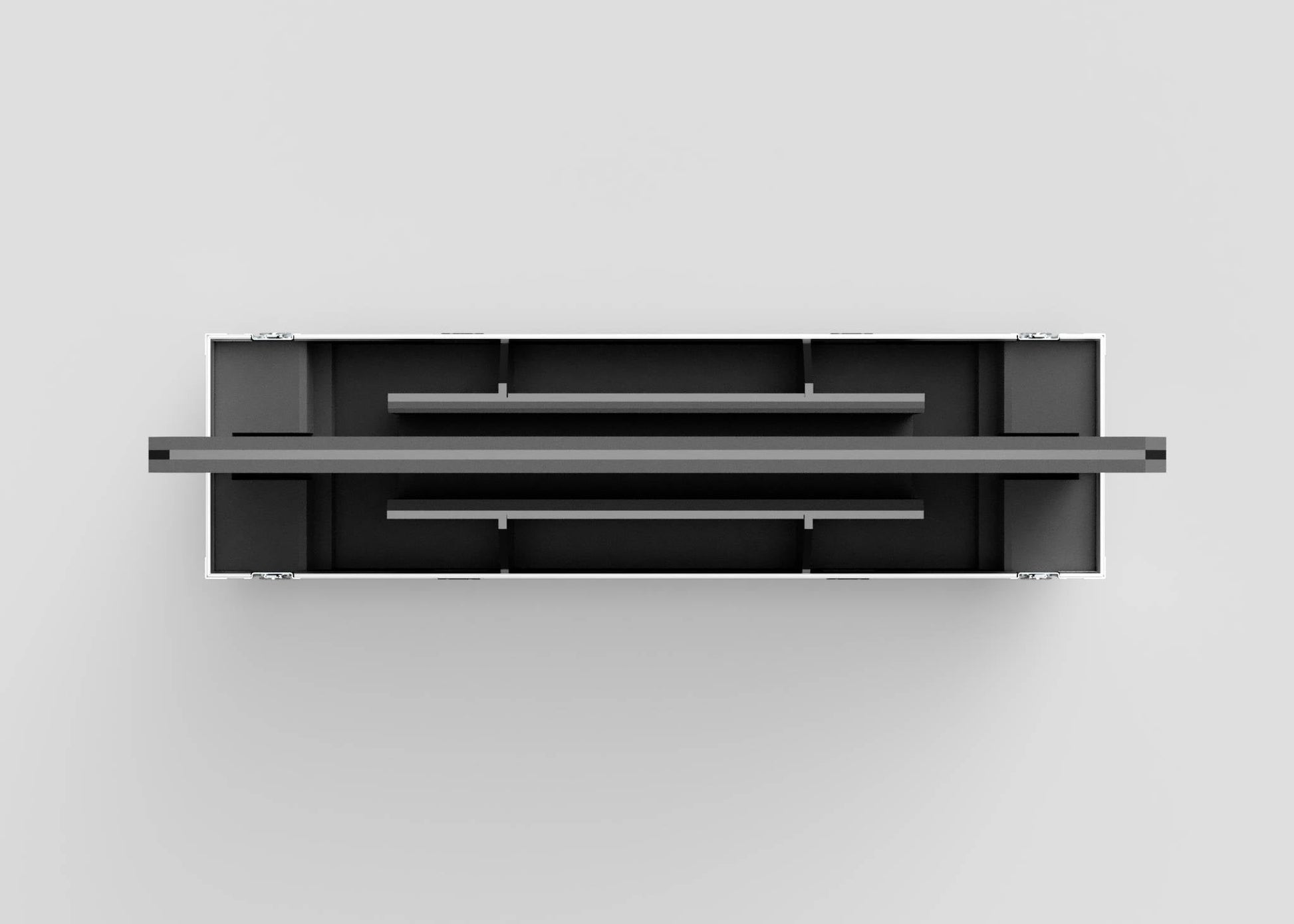 A top-down view of the 80" Double Screen Case, a rectangular, black and gray storage box with multiple interior dividers, displayed on a plain light background.