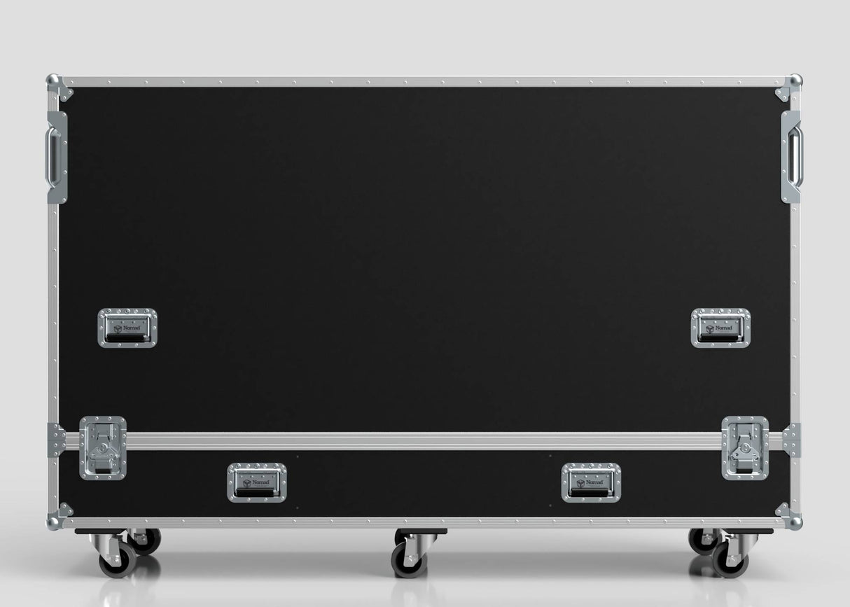 The 80" Single Screen Case is a large, rectangular black equipment case with metal edges, handles, latches, and four caster wheels, shown against a plain light background.