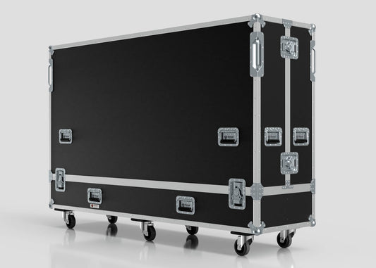 An 82" Double Screen Case, large and black with metal edges, handles, and latches, is mounted on four caster wheels and positioned against a plain light background.
