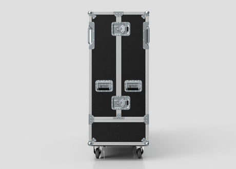 The 84" Double Screen Case in black and silver features metal edges, handles, latches, and four wheels, shown standing upright against a plain light background.