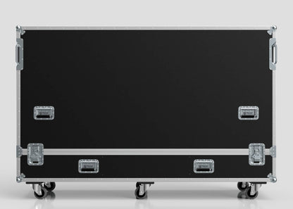 The 84" Double Screen Case is a large black hard case with metal edges, handles, latches, and four caster wheels, shown against a plain light background.