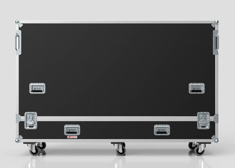 An 84" Single Screen Case in black with metal edges, handles, and latches rests on six caster wheels against a plain light background.