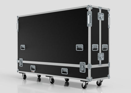 84" Single Screen Case: large black rectangular road case with metal edges, multiple handles, and four caster wheels, designed for transporting equipment.