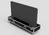 An 84" Single Screen Case with wheels, hard-shell construction, and metal edges and latches, securely holds a large flat panel against a plain light background.