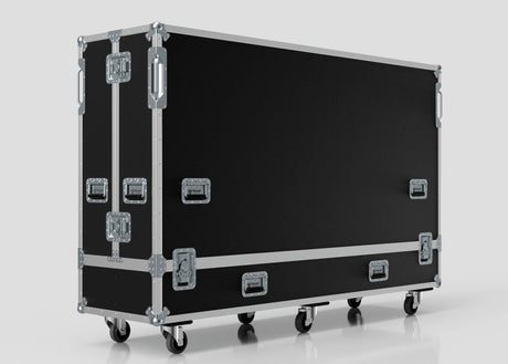 An 85" Double Screen Case, large and black with metal edges, latches, handles, and wheels, shown against a plain light background.