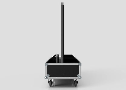 An 85" Single Screen Case with metal edges and four wheels stands upright, holding a large flat screen, viewed from the front against a plain background.