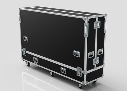 The 85" Single Screen Case is a large black rectangular road case with metal edges, handles, and four caster wheels, displayed on a white reflective surface.