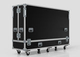 An 85" Single Screen Case in black with metal edges, handles, and latches, featuring six caster wheels, displayed against a plain white background.