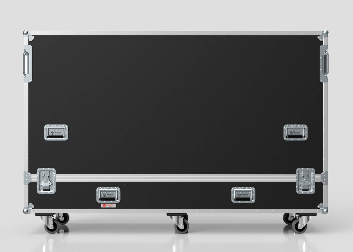 The 85" Single Screen Case is a large black case with metal edges, handles, and latches, standing upright on six caster wheels against a plain background.