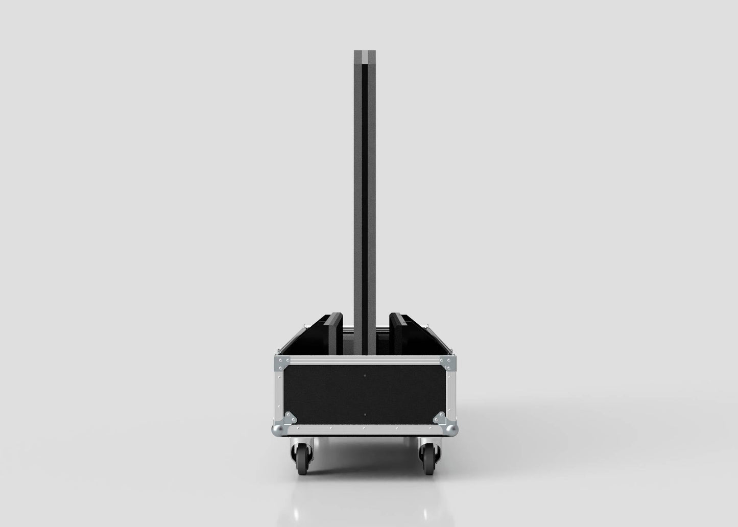 The 86" Double Screen Case is a black rectangular case with metal edges and four wheels, shown open to reveal a tall vertical object inside, set against a plain light background.