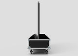 The 86" Single Screen Case, a flat rectangular object with metal edges and wheels, stands upright in its black case, viewed from the front against a plain light background.