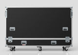 An 86" Single Screen Case featuring a large black design with metal edges, handles, latches, and four caster wheels is shown against a plain white background.