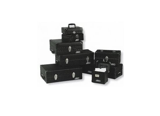 A set of seven black metal toolboxes of varying sizes, each with silver latches and handles, stacked and arranged on a white background.