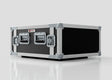 An 8U Foam Shock Mounted 19" Rack Case in black and silver birch plywood with reinforced corners, two front latches, and rack strips sits on a white surface.