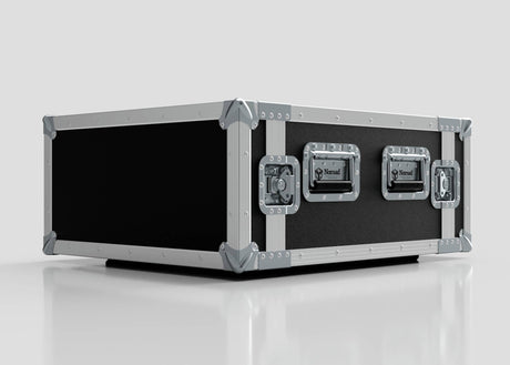 The 8U Foam Shock Mounted 19" Rack Case, in black and silver with metal edges, reinforced corners, sturdy handles, rack strips, and interior foam mount rack, is secured by two latches and placed on a plain surface.