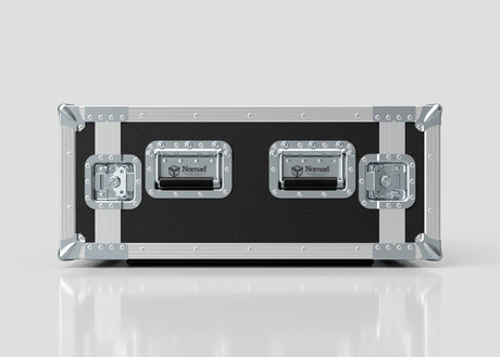 The 8U Foam Shock Mounted 19" Rack Case, shown in black and silver with metal edges and latches, features three handles with the Nomad logo and built-in rack strips for easy equipment mounting.