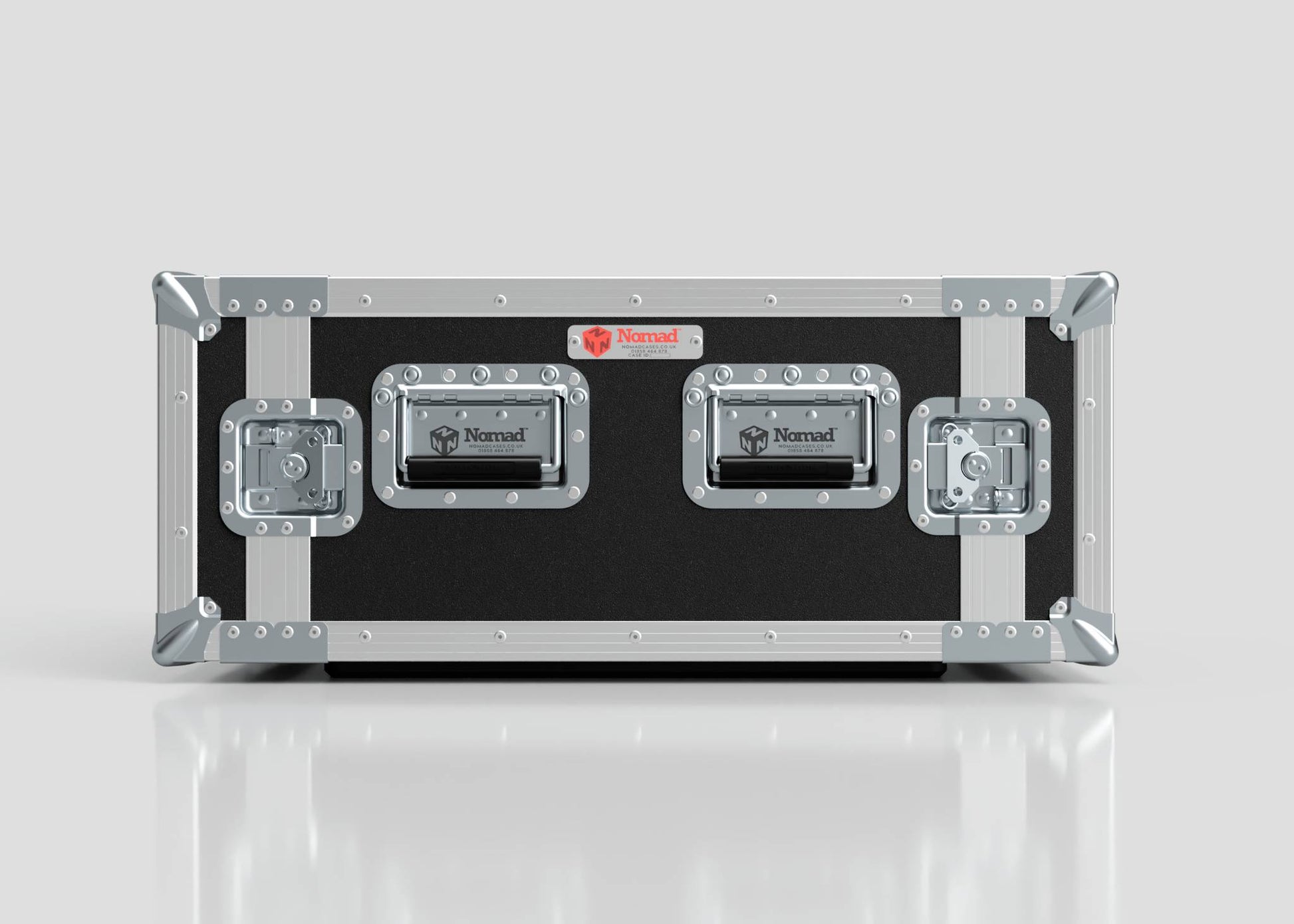 The Nomad 8U Foam Shock Mounted 19" Rack Case is a black and silver hard shell equipment case with metal reinforcements, three handles, rack strips, and is shown on a reflective surface.