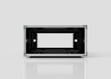 A front view of an empty 8U Shock Mount Slam Rack Case, positioned on a reflective surface against a plain light background.