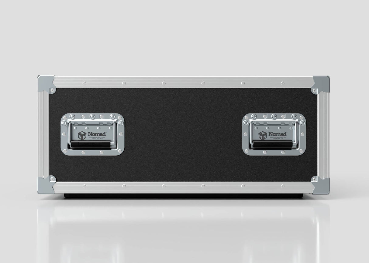 The 8U Shock Mount Slam Rack Case is a rectangular black equipment case featuring silver metal edges and two front metal handles, each marked with the Nomad logo.