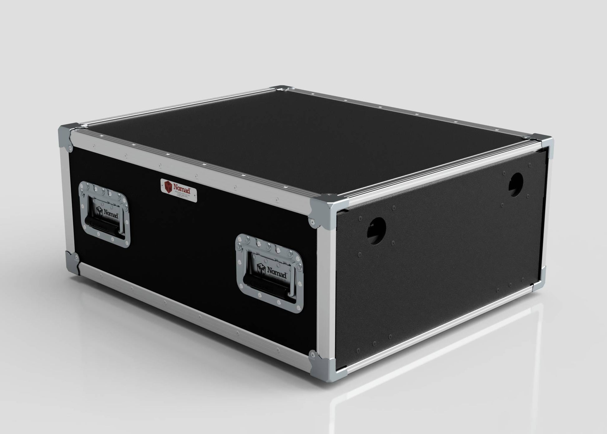 The 8U Shock Mount Slam Rack Case, featuring black and silver metal edges, two side handles, and reinforced corners, sits on a plain light-colored surface.