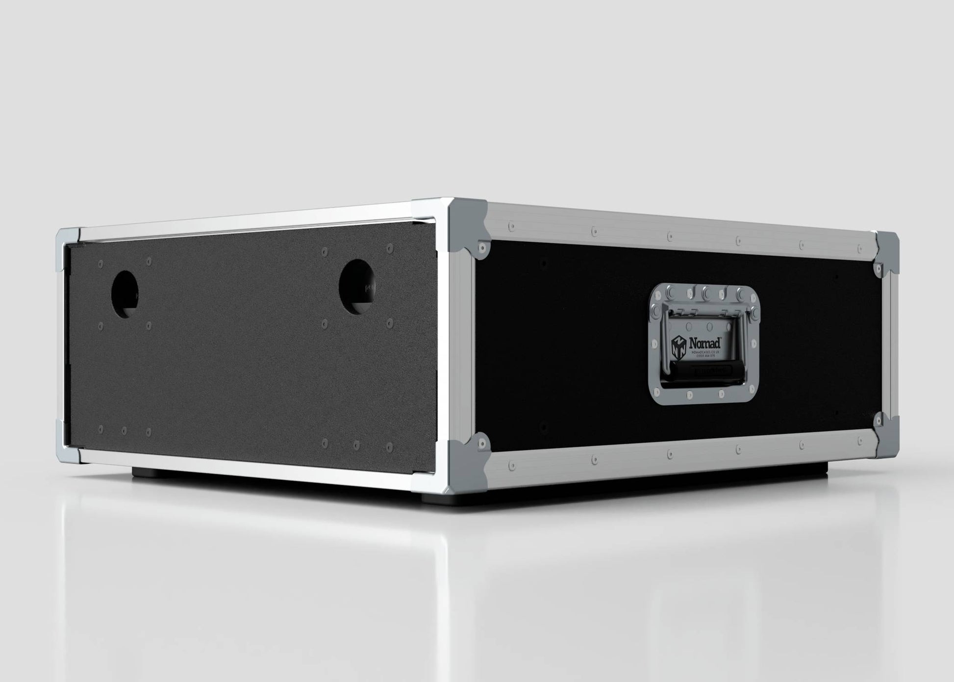 The 8U Slam Rack Case is a black rectangular hard case with metal-reinforced corners and edges, two handle openings on one side, and a front metal label plate.