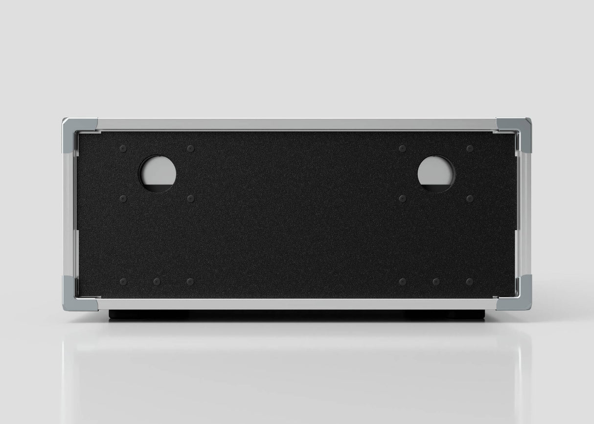 A front view of the 8U Slam Rack Case shows its black and silver design with two circular cutouts and a solid black panel.