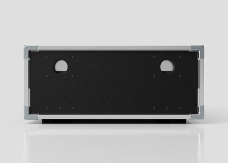 A front view of the 8U Slam Rack Case shows its black and silver design with two circular cutouts and a solid black panel.