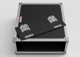 The 8U Slam Rack Case is a rectangular black equipment case with a removable lid, silver metal latches, reinforced corners, and is shown partially open with the lid resting on top.