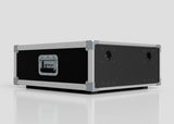 The 8U Slam Rack Case features a black and silver hard shell with metal reinforcements, a side handle, and circular openings on one end, shown on a white reflective surface.