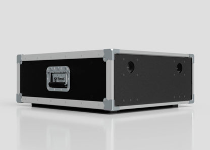 The 8U Slam Rack Case features a black and silver hard shell with metal reinforcements, a side handle, and circular openings on one end, shown on a white reflective surface.