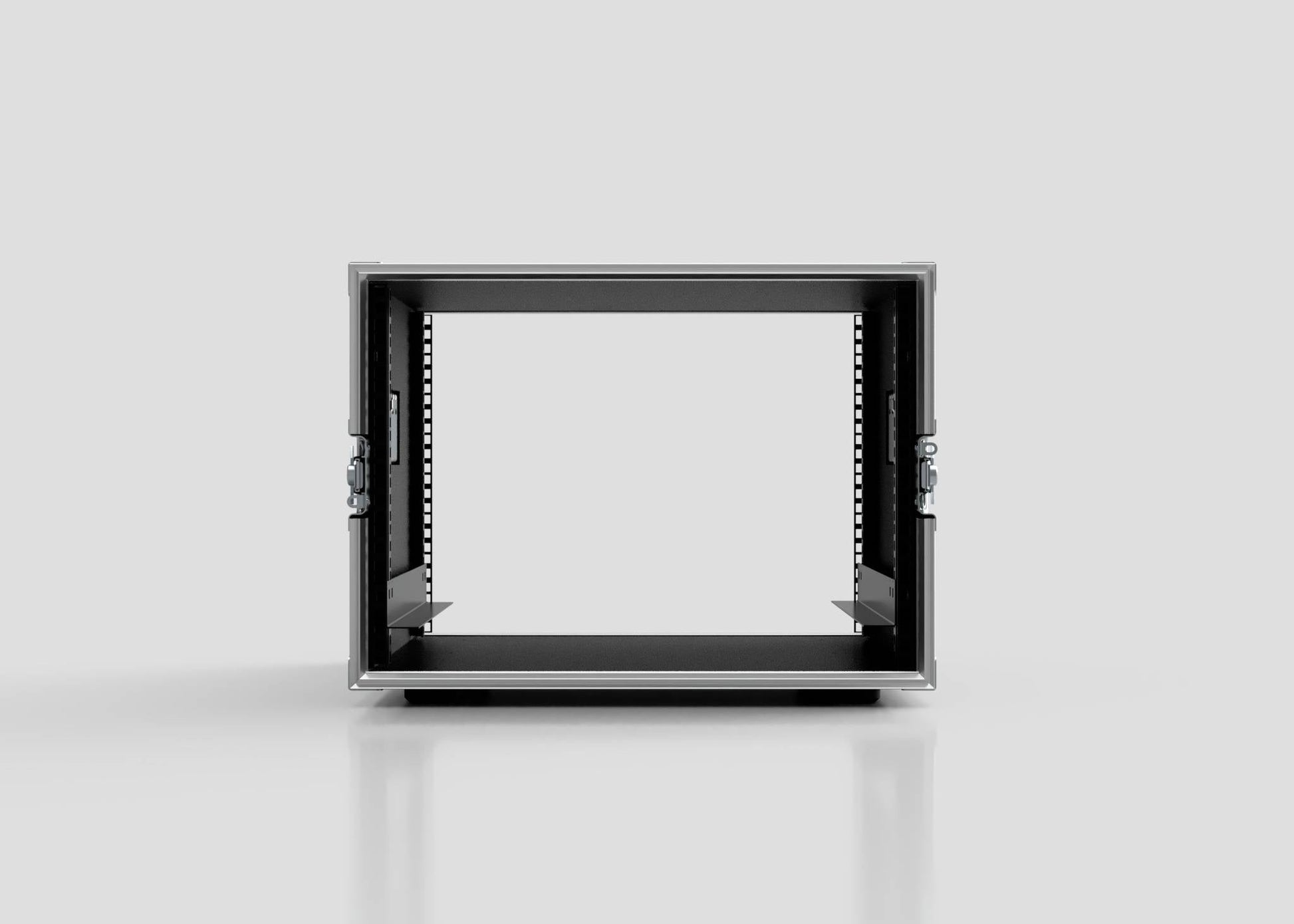 Front view of the 8U Standard Rack Case, an empty metal server enclosure with open sides, perfect for use as an equipment rack or rack case, set against a plain light gray background.