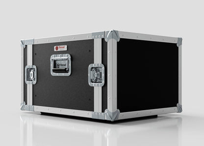 The 8U Standard Rack Case, a large black and silver equipment rack with metal-reinforced corners and latches, is displayed on a reflective white surface.