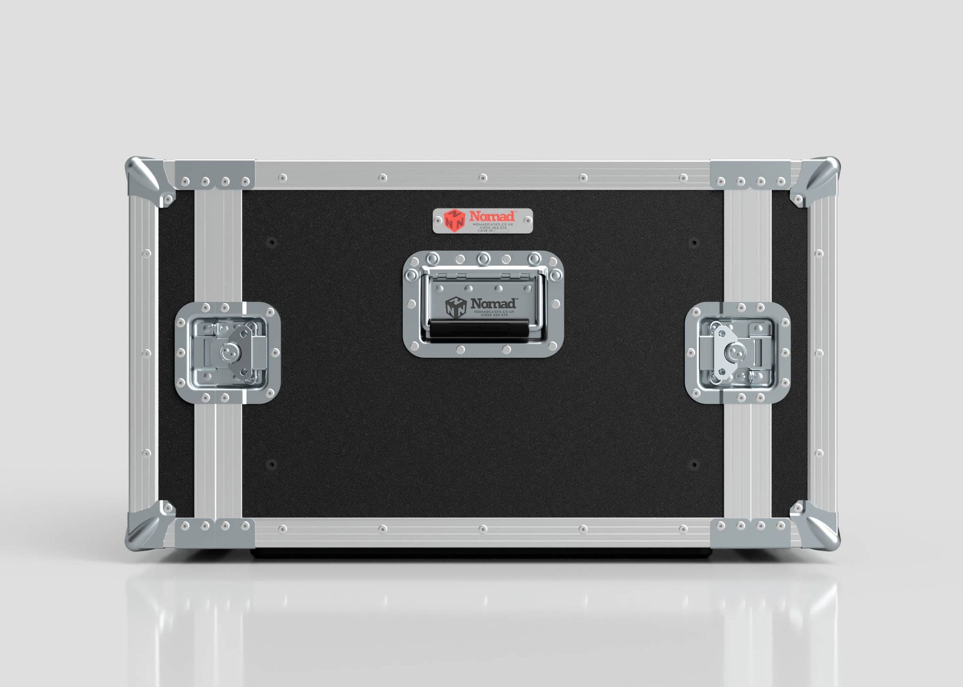 An 8U Standard Rack Case in black and silver with metal edges, handles, and a Nomad logo label on the front rests on a white surface.