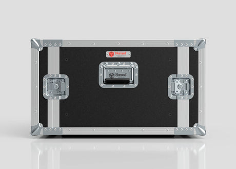 An 8U Standard Rack Case in black and silver with metal edges, handles, and a Nomad logo label on the front rests on a white surface.