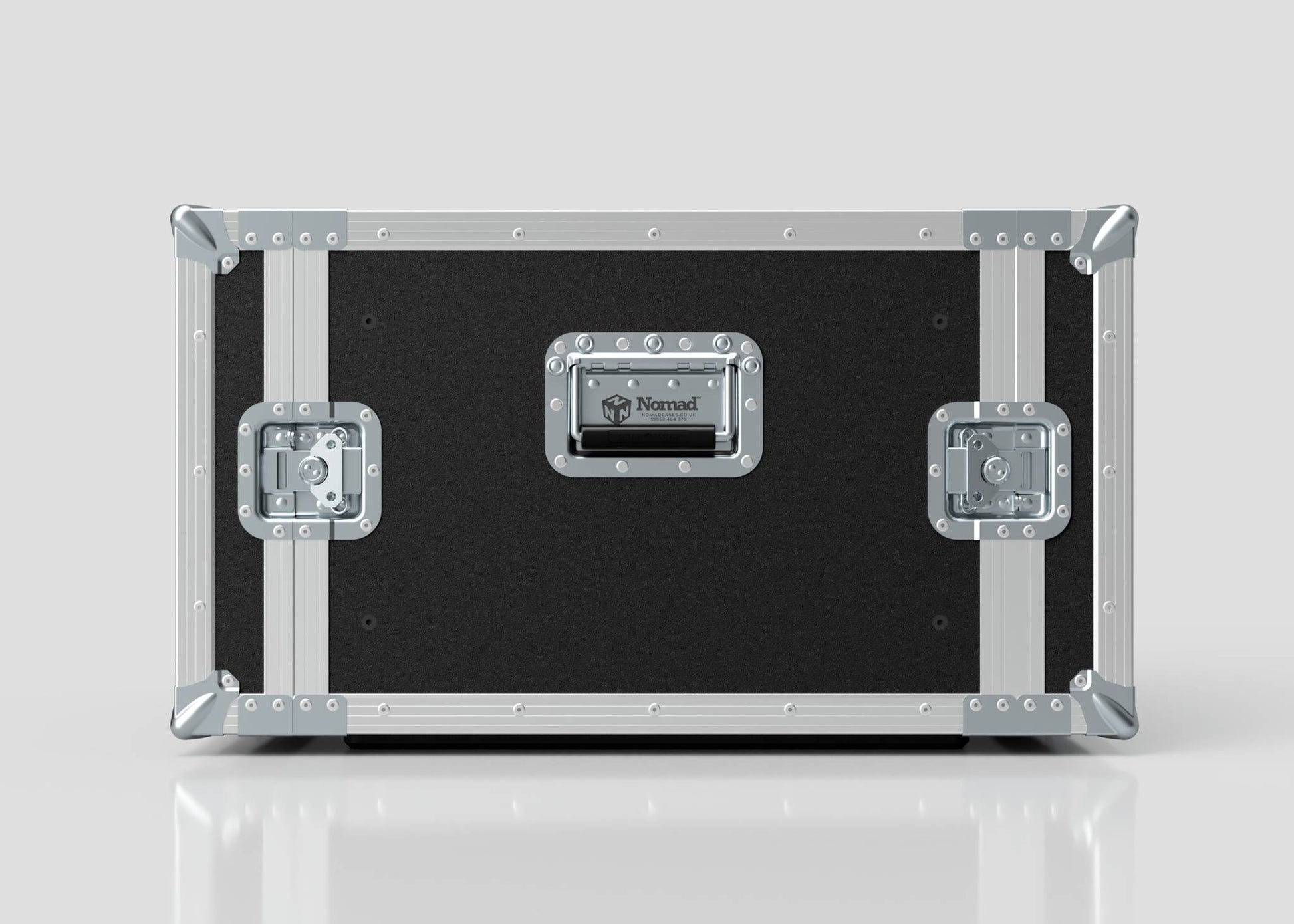 The 8U Standard Rack Case features black and silver construction, metal reinforcements, secure latches, a central handle, and a Nomad nameplate—perfect for protecting your valuable equipment rack.