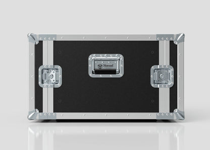 The 8U Standard Rack Case features black and silver construction, metal reinforcements, secure latches, a central handle, and a Nomad nameplate—perfect for protecting your valuable equipment rack.