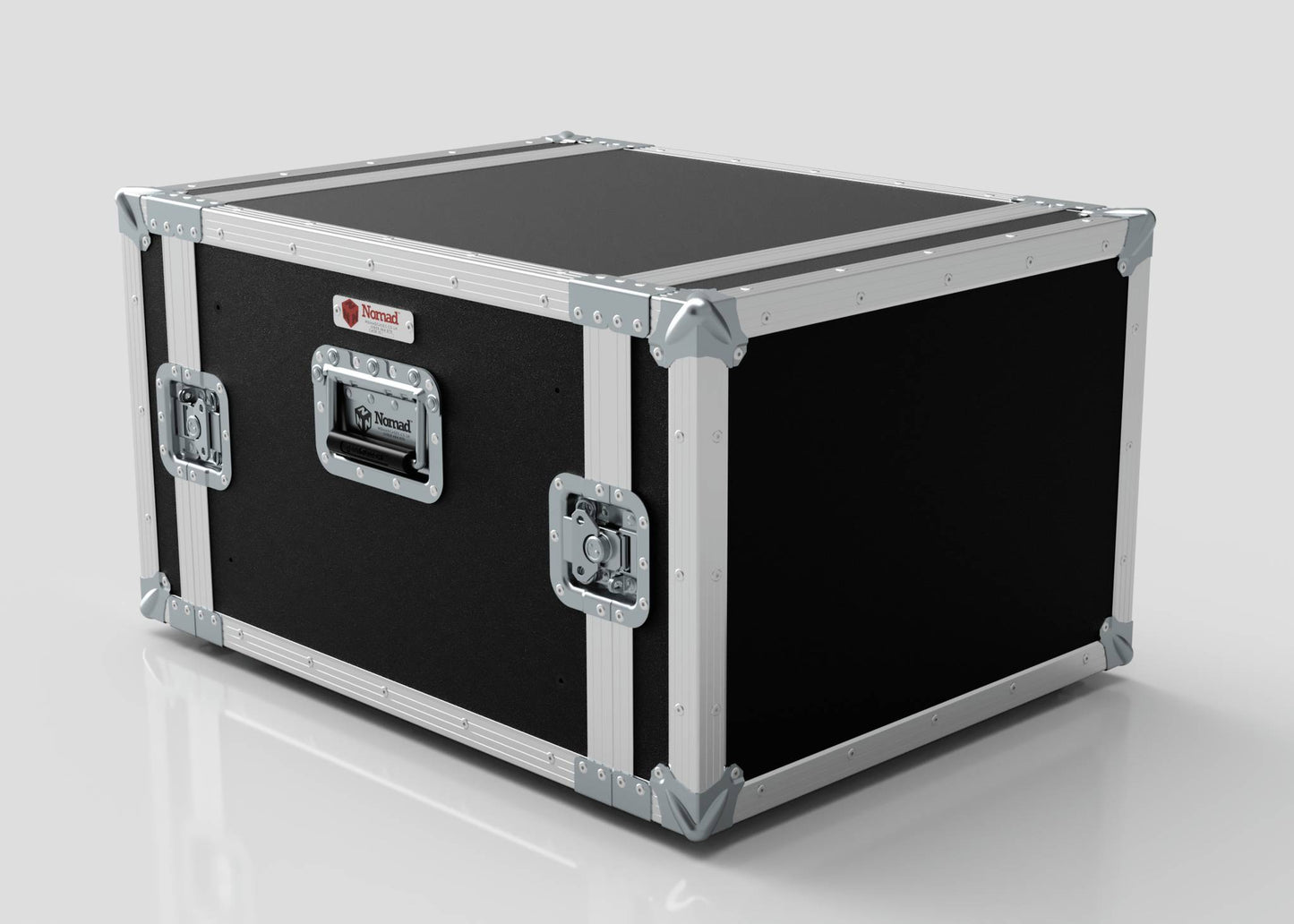 The 8U Standard Rack Case, featuring black and silver colors, metal edges, reinforced corners, and two side handles, is displayed on a plain white surface.
