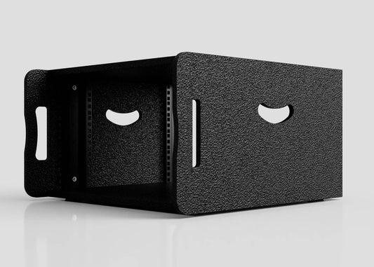 The 8U Standard Rack Sleeve features a black textured metal rackmount case with side and front cut-out handles, displayed on a white reflective surface against a plain background.