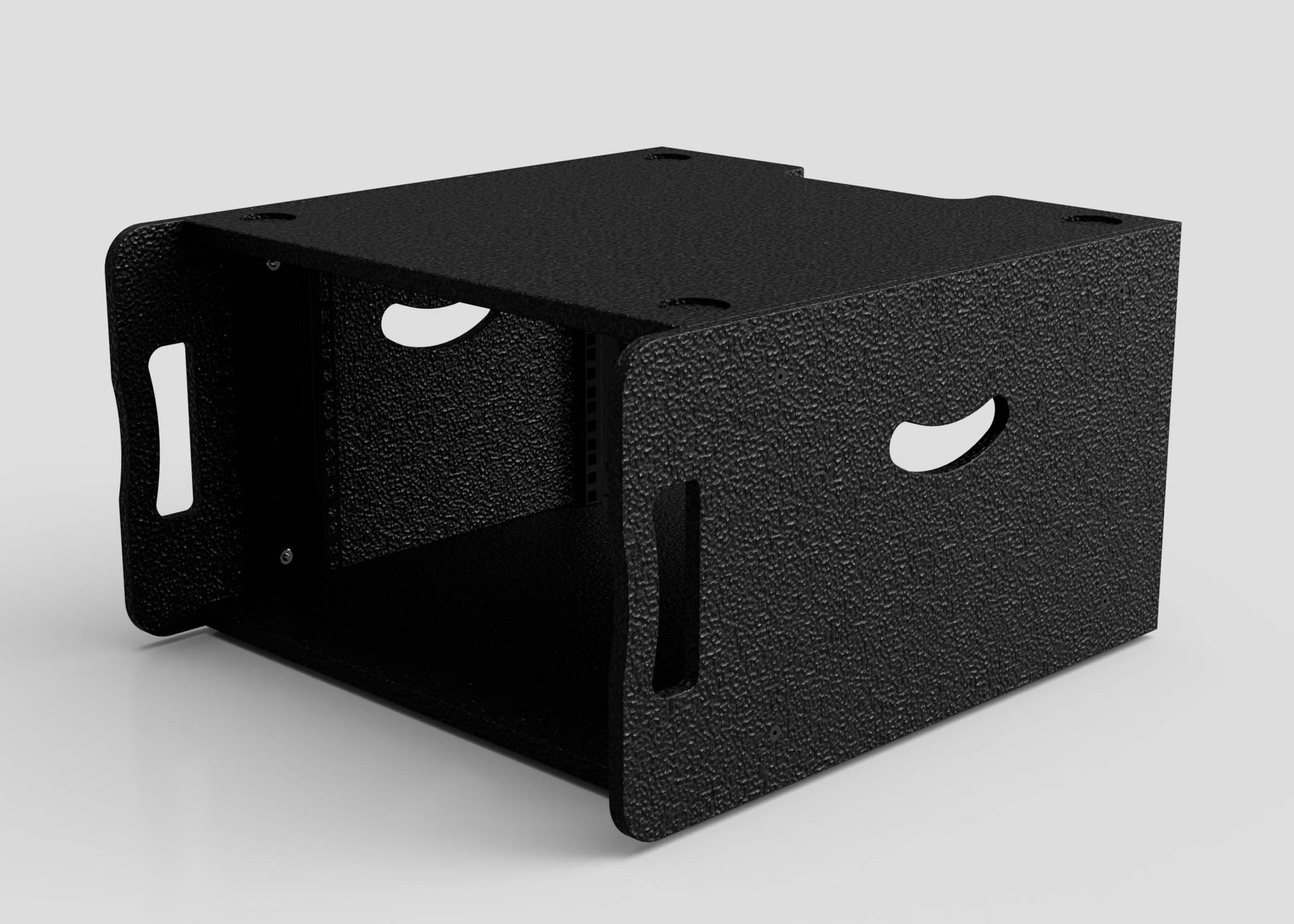 The 8U Standard Rack Sleeve is a black metal audio rack mount enclosure featuring side handles, an open front and back, and vent slots, displayed on a plain white surface.