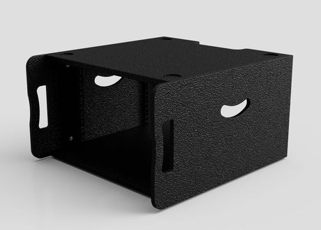The 8U Standard Rack Sleeve is a black metal audio rack mount enclosure featuring side handles, an open front and back, and vent slots, displayed on a plain white surface.