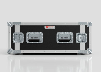 The 8U Suspended Shock Mounted Rack Case is a black and silver hard case with metal corners, two handles, a red Nomad label at the top, and a shock mounted rack, shown against a plain white background.