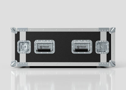 The 8U Suspended Shock Mounted Rack Case is a rectangular black and silver hard case with metal reinforcements, three front latches, Nomad branding, and a shock-mounted rack for extra equipment protection.
