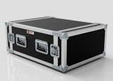 A large black and silver 8U Suspended Shock Mounted Rack Case with metal reinforcements, three labeled handles, and a shock-mounted rack, resting on a white surface.