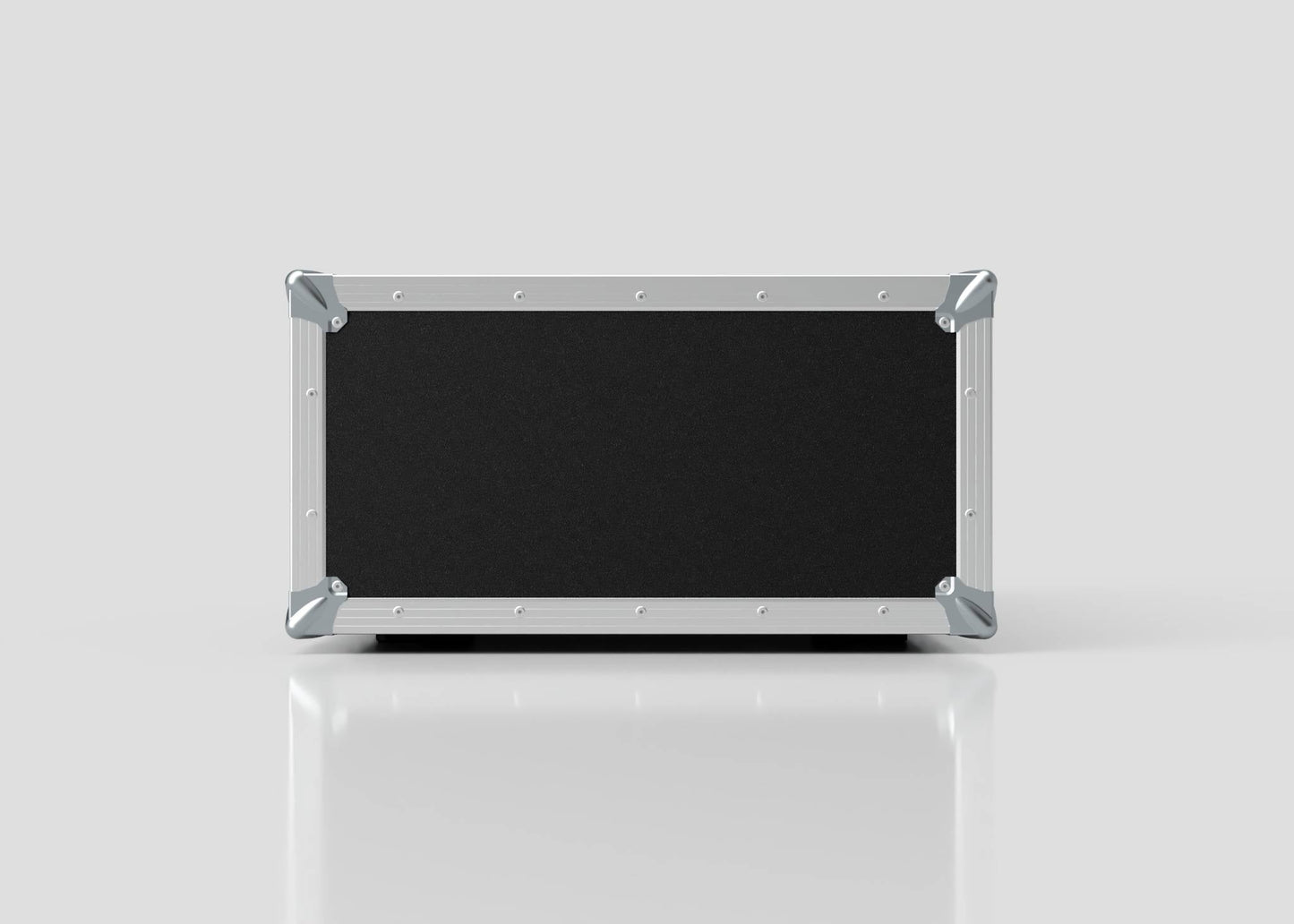 The 8U Suspended Shock Mounted Rack Case is a rectangular black flight case with metal edges and reinforced corners, shown on a reflective white surface against a plain background.