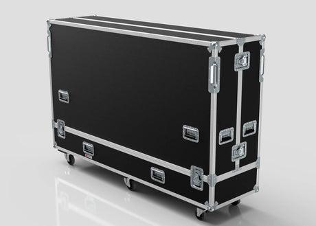 The 90" Single Screen Case is a large black hard case with metal edges, handles, and four wheels, designed for transporting equipment.