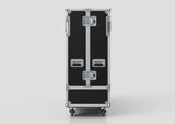 The 90" Single Screen Case, featuring black and silver panels with metal edges, handles, latches, and wheels, stands upright against a plain light background.