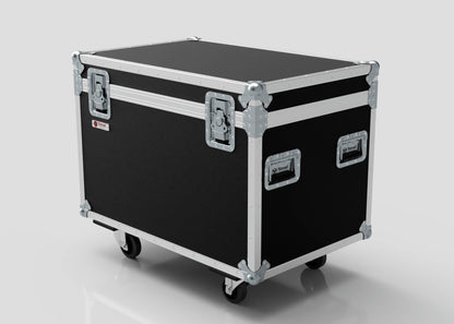 The 900mm Trunk Case, a black and silver hard-shell equipment case with metal reinforcements, handles, and four caster wheels, is shown against a plain background. External dimensions are 925 x 607 x 765 mm.