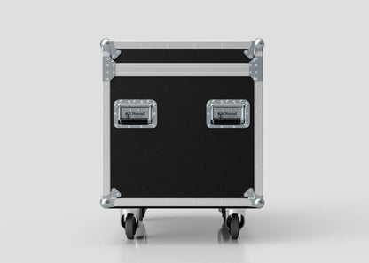 The 900mm Trunk Case is a black rolling equipment case with metal reinforcements and two handles, shown against a white background. Its external dimensions are 925 x 607 x 765 mm, providing ample space for your gear.